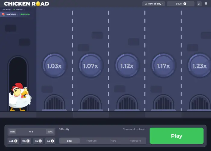 Chicken Road on Easy in our demo session, with the opening lane multipliers visible above the road