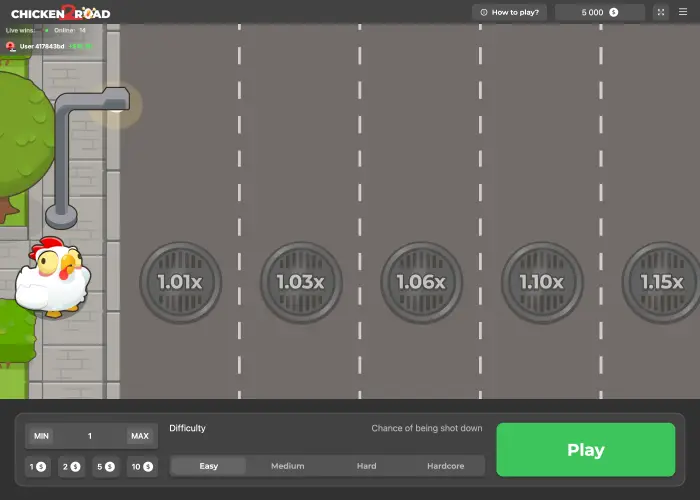 Chicken Road 2 on Easy during our demo session, showing the opening lane multipliers on a city street