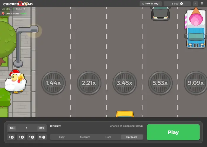 Chicken Road 2 on Hardcore in our demo session, showing the steeper opening lane multipliers